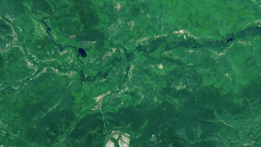 2024年のLandsat 8衛星画像で見た中央シベリアのタイガ。画像北側にチェコ湖があり、ツングースカ被害中心域周辺の森林と河川が広がる