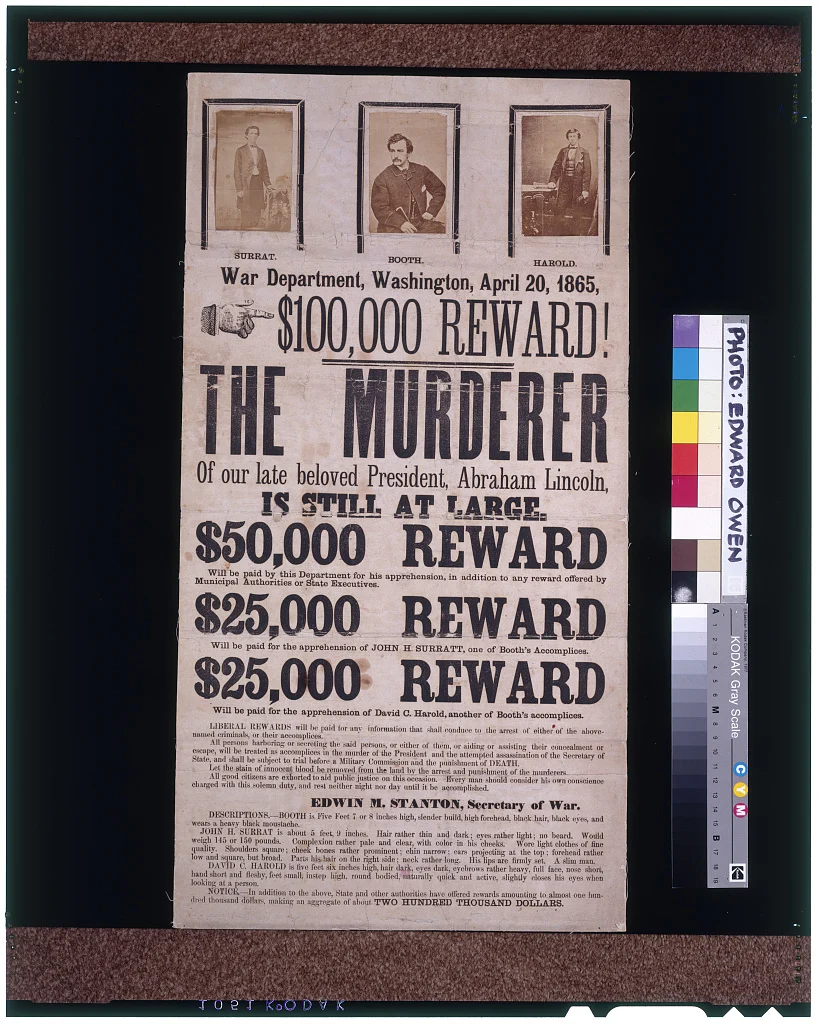 リンカーン暗殺犯ブースらに総額10万ドルの懸賞金を告知した1865年の指名手配ポスター