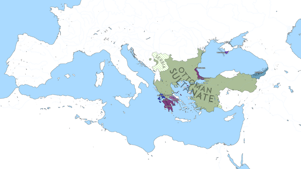 1453年直前のビザンツ帝国とオスマン帝国の勢力図