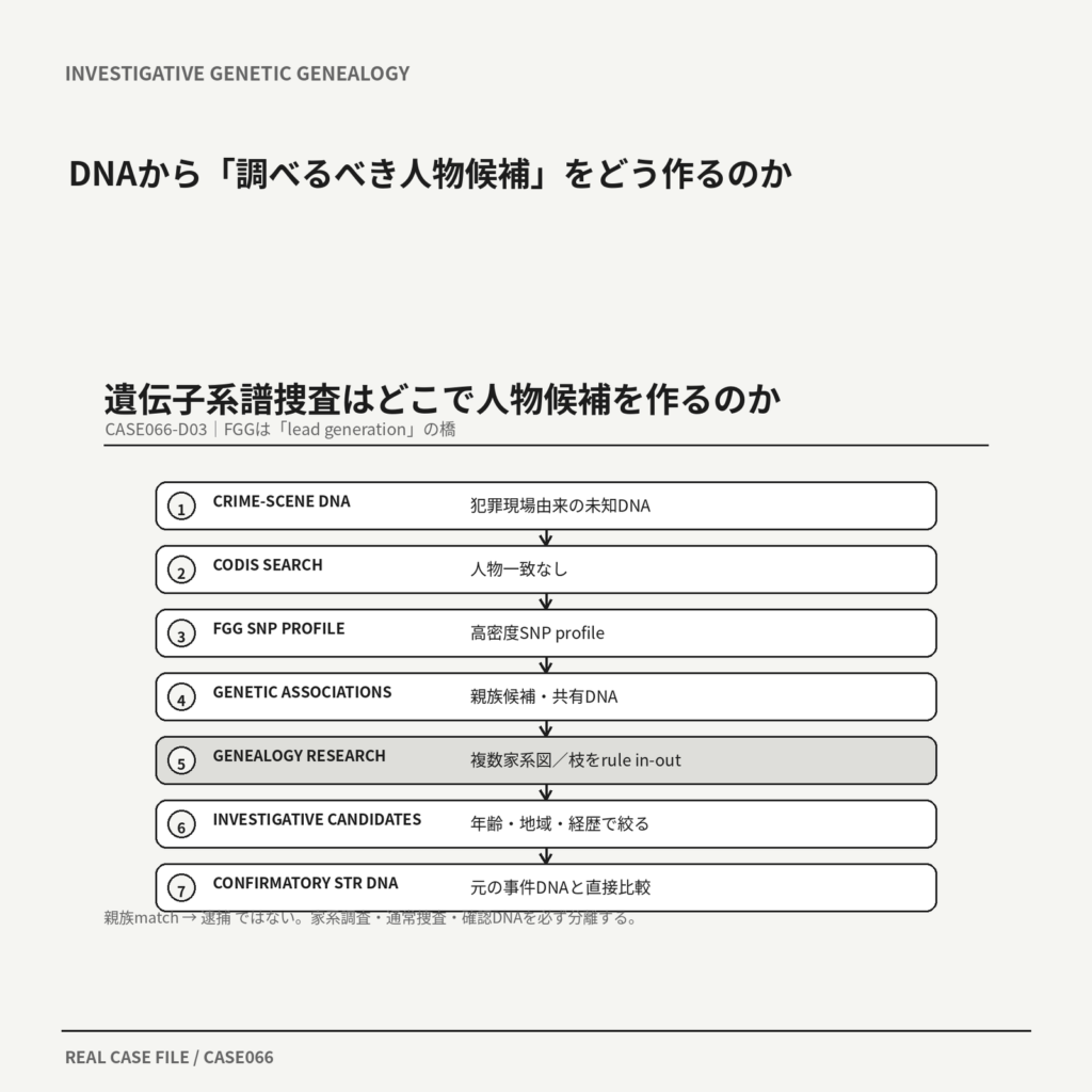 遺伝子系譜捜査でDNAから親族候補、家系図、通常捜査、確認DNAへ進む工程図