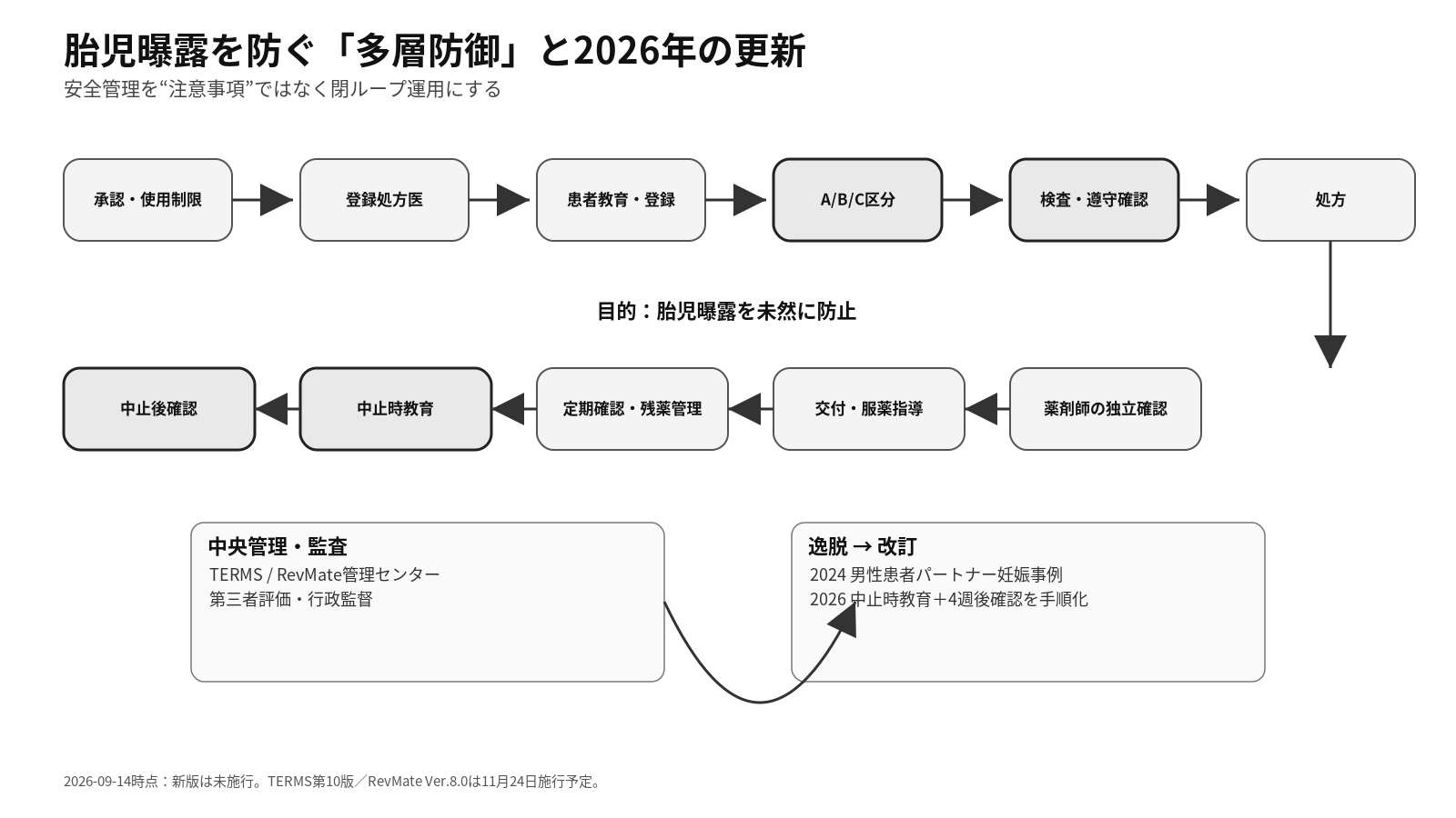 TERMSとRevMateによる胎児曝露防止の多層管理と2026年改訂を示す図