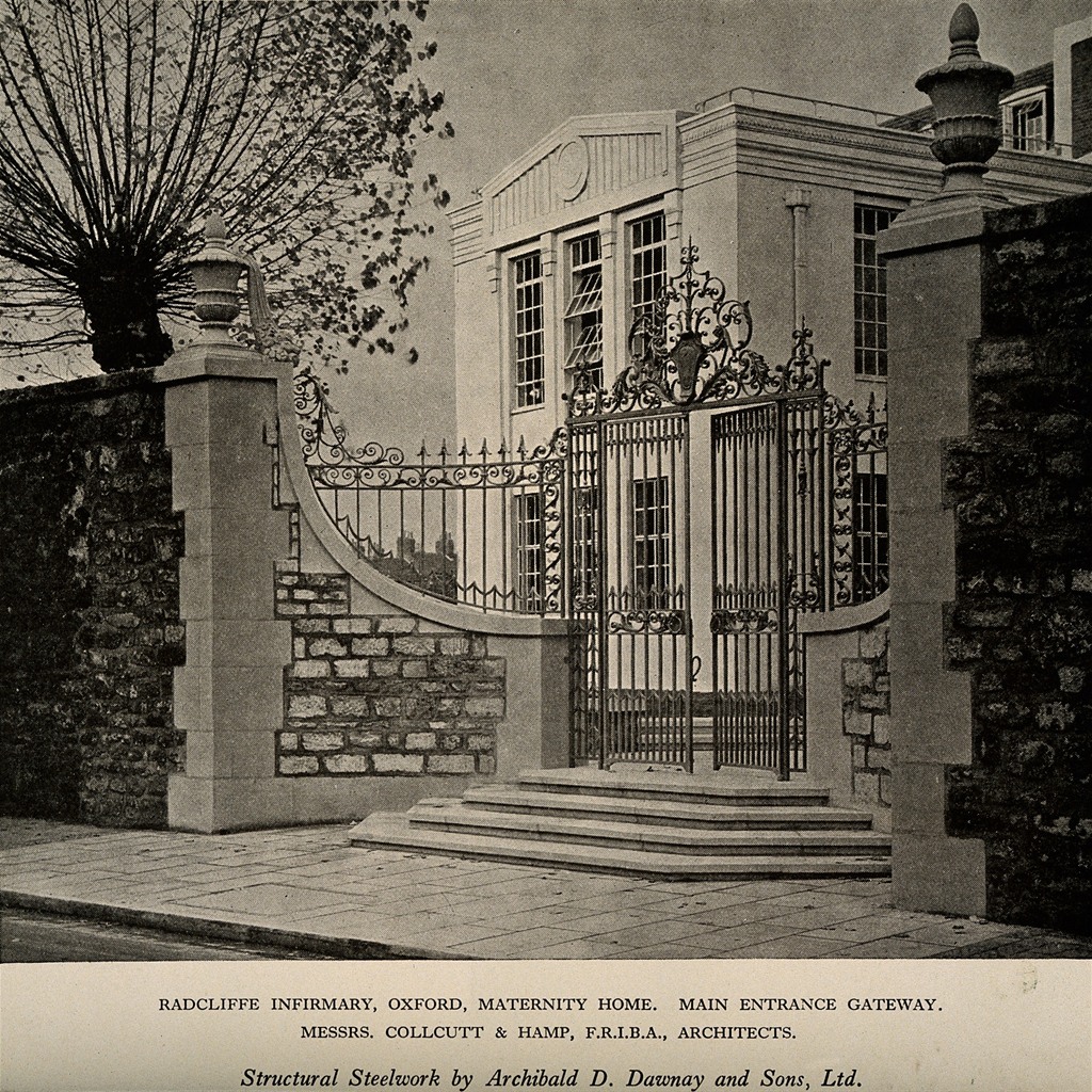 1929年のRadcliffe Infirmary、maternity home入口を示す版画。