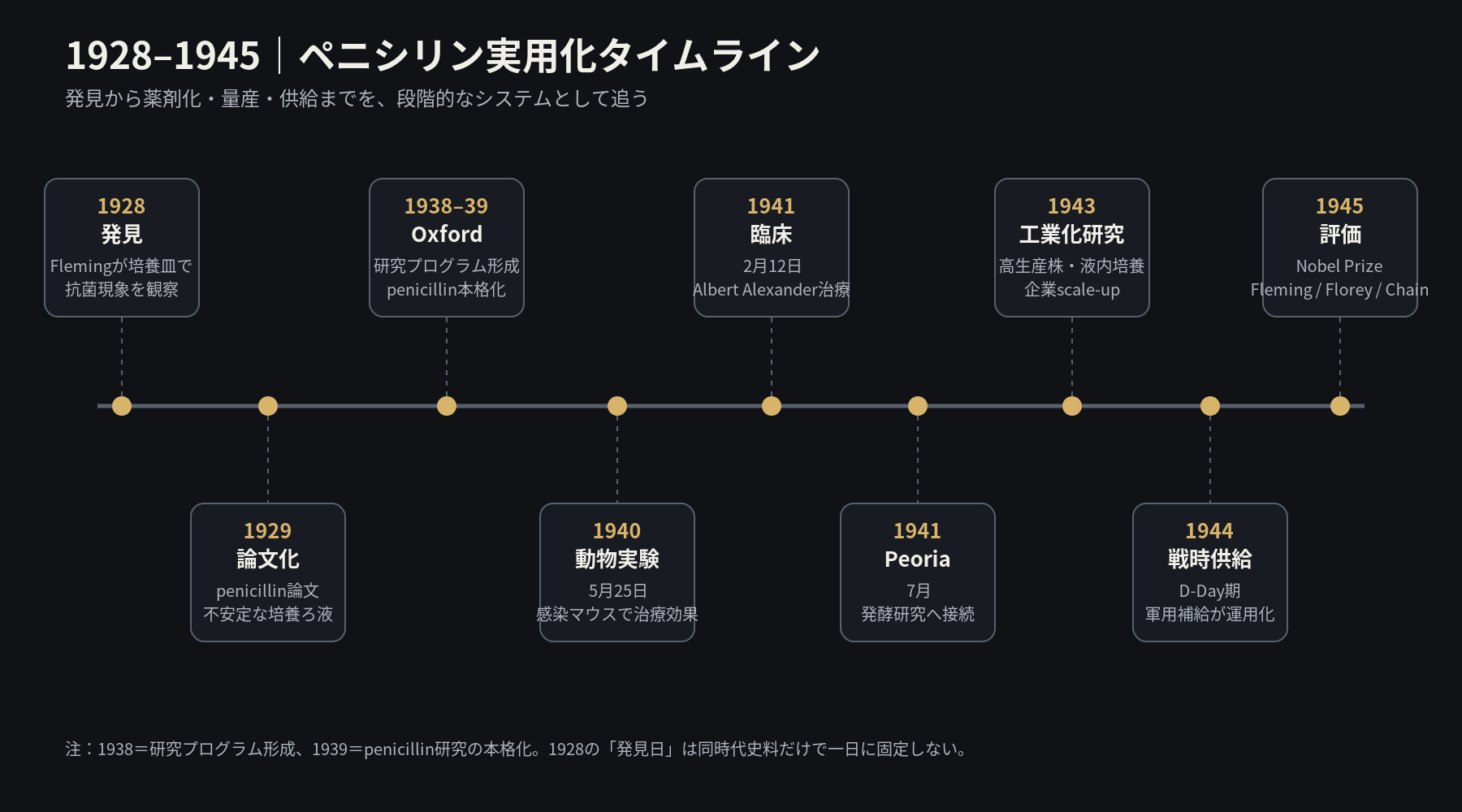 1928年の発見から1945年のノーベル賞までのペニシリン実用化タイムライン