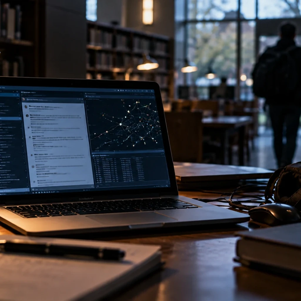 図書館の机に開かれたノートPCと立ち去る人物を描いた、端末確保を示す編集用イラスト