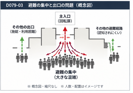 避難機能不全と出口集中の概念図
