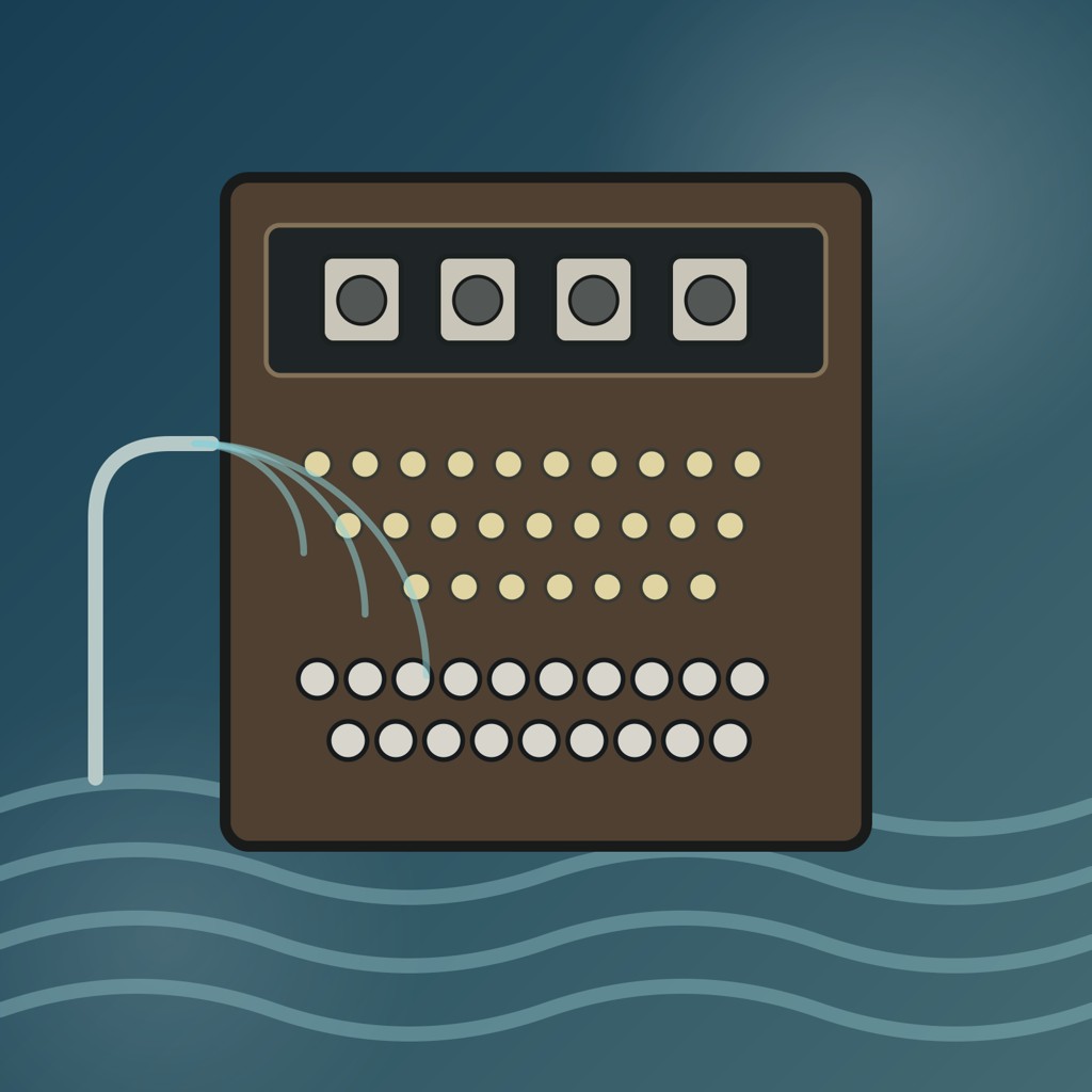4つのローターを強調した海軍用Enigmaと海上通信を抽象化した概念イラスト