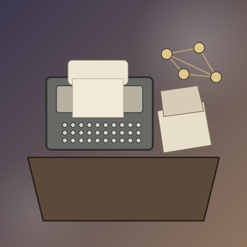 teleprinter、文書、分析ノードを組み合わせた情報処理工程の概念イラスト