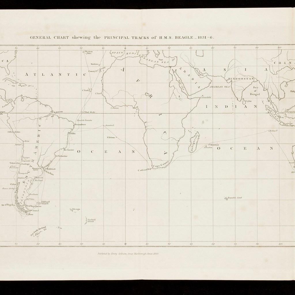 世界地図上にビーグル号の1831年から1836年の航路を示した横長の歴史地図。
