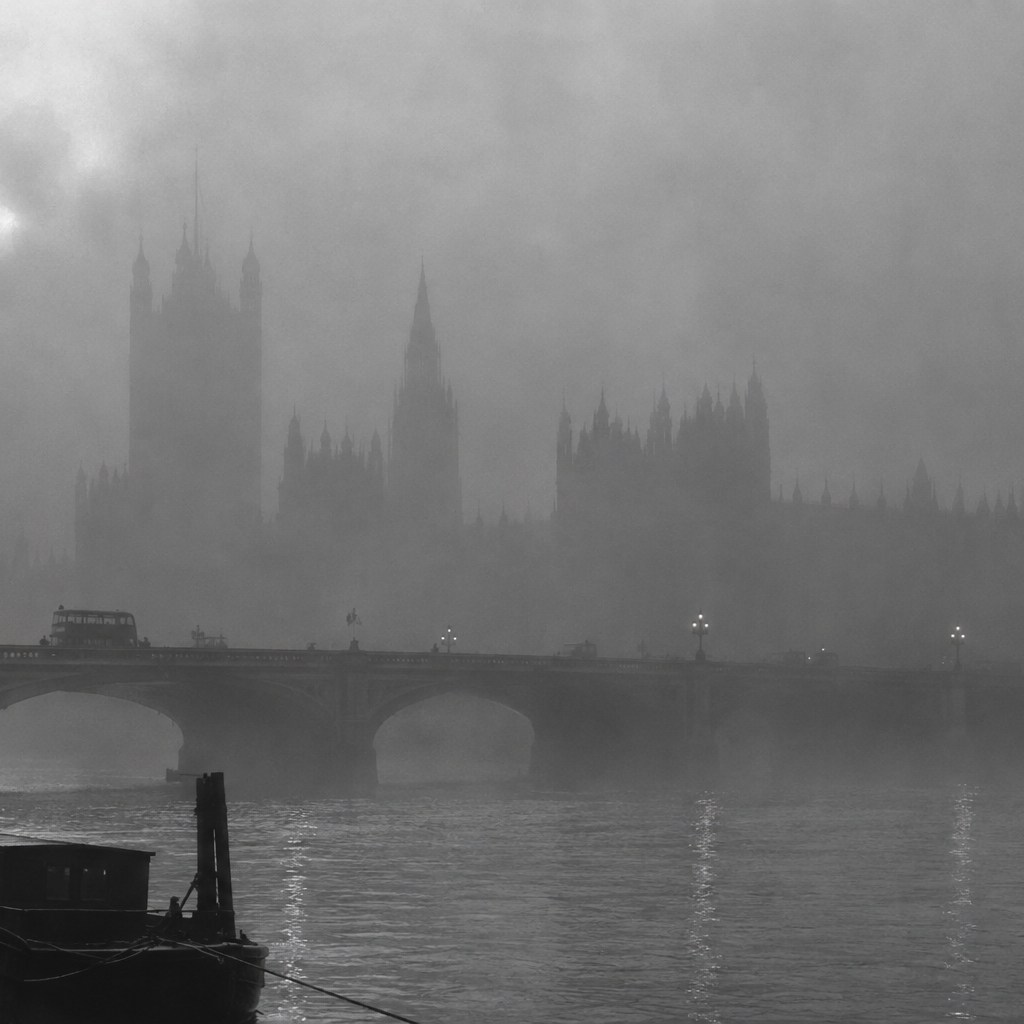 1952年のロンドン・スモッグ下の健康被害をイメージした再構成画像。歴史写真ではない。