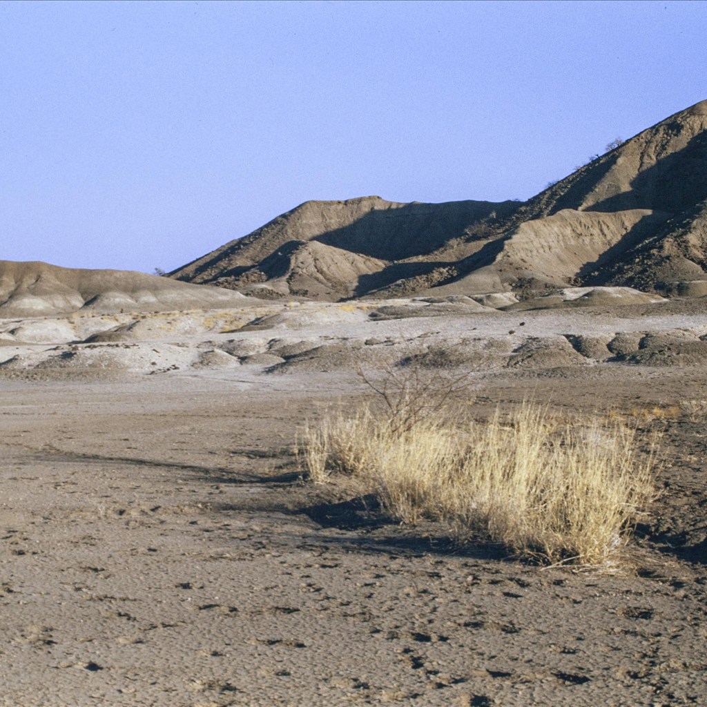 ハダール基地周辺に広がる露出した地層と乾燥地形。