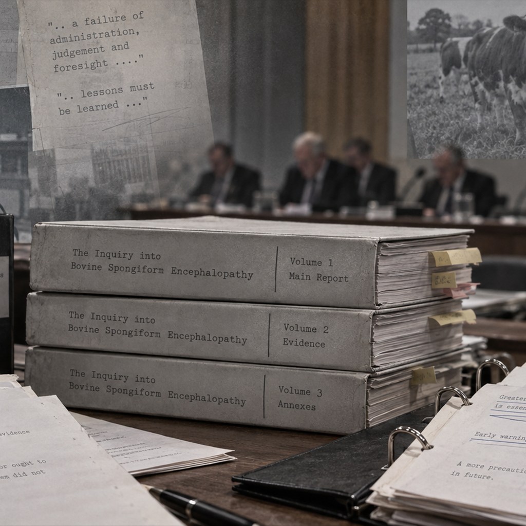 BSE Inquiryの報告書、会議室、公文書を中心に、Phillips Inquiryによる行政検証を表現した再構成イメージ。