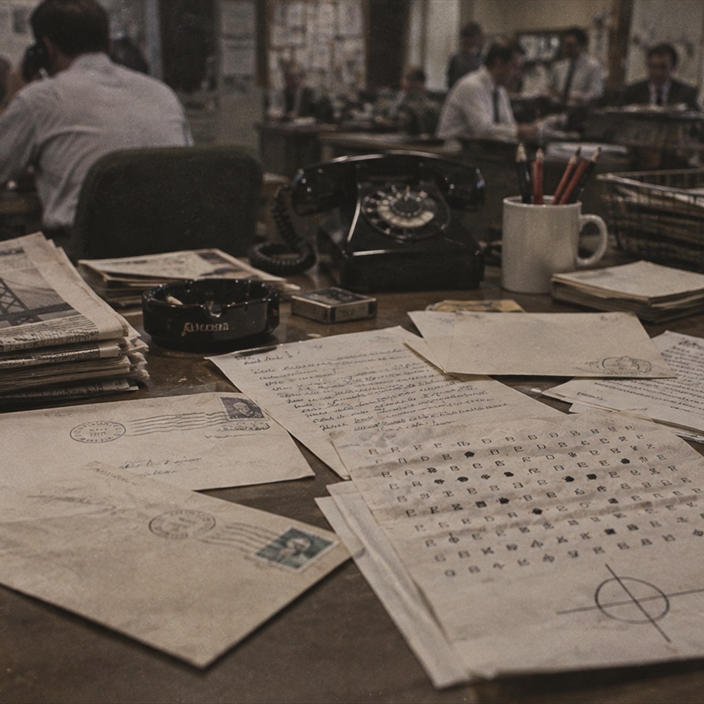 1969年前後の新聞社・資料室を思わせる机上に手紙、暗号文、電話機、新聞資料が並ぶ再構成画像