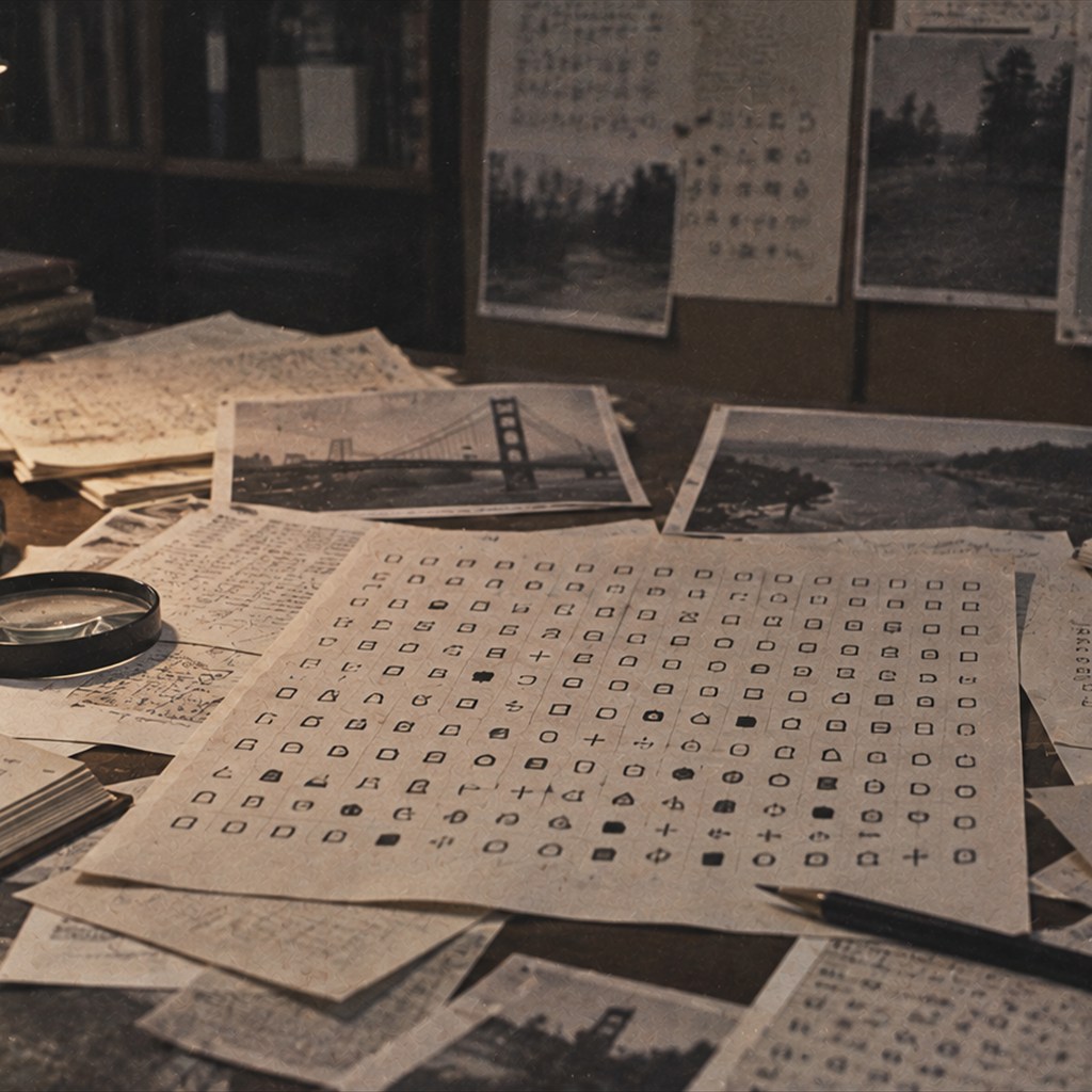 暗号記号が並ぶ紙と調査資料を古い机上に広げ、長期未解読暗号の複雑さを表現した再構成画像