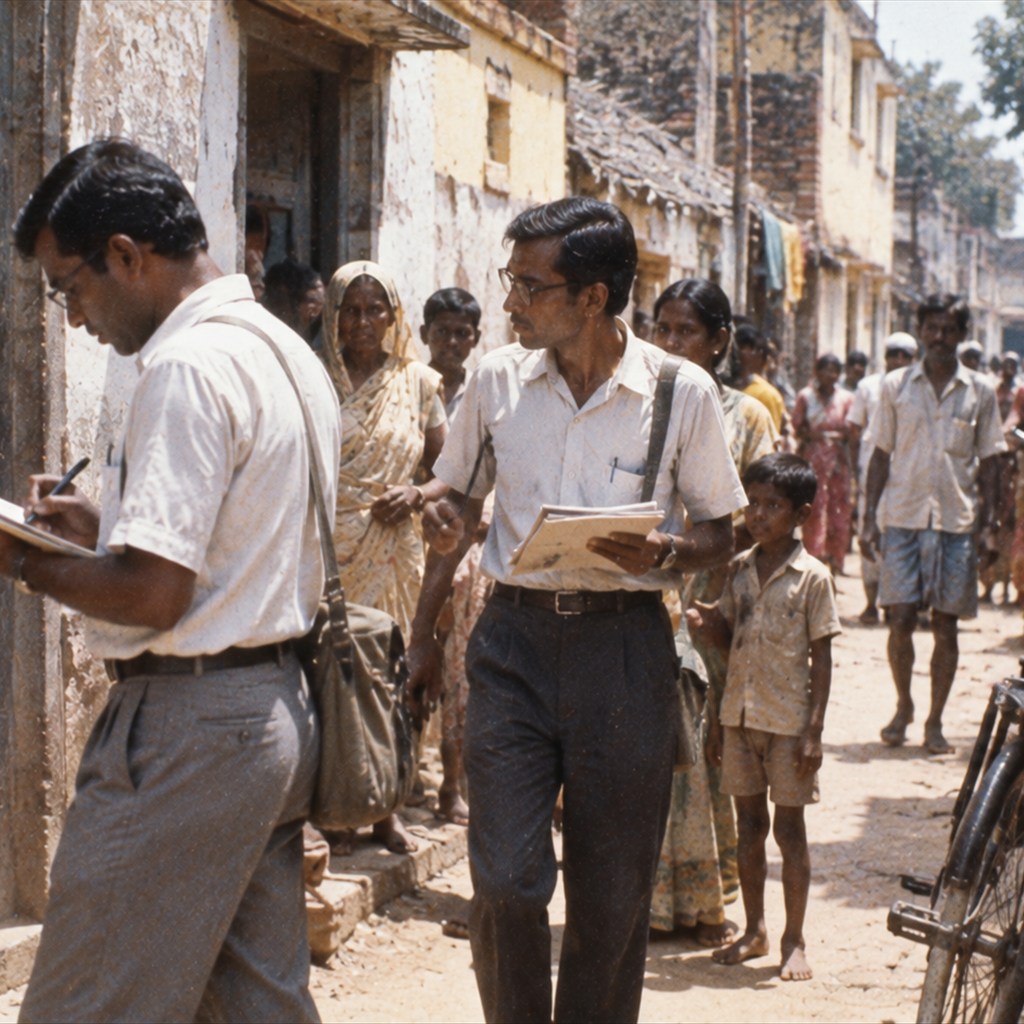 1970年代のインドで戸別症例探索を行う公衆衛生チームを想定した生成再現画像。