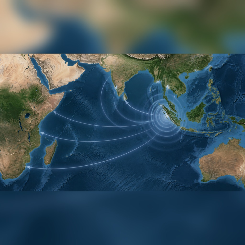 スマトラ沖からインド洋各地へ津波が伝播する様子を示す編集地図