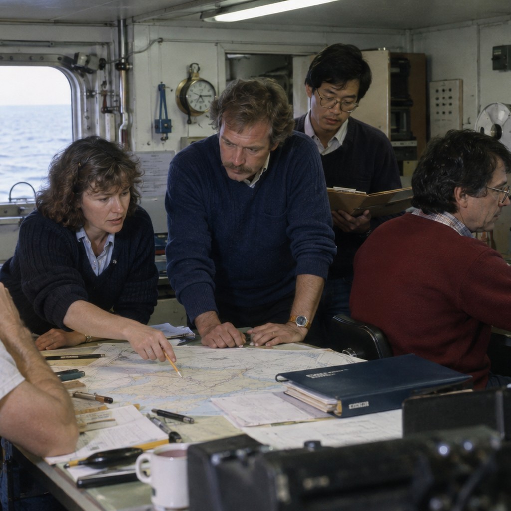1980年代の海洋調査船内で、研究者と技術者がCRTモニター、海図、紙資料を囲んで調査データを確認する。