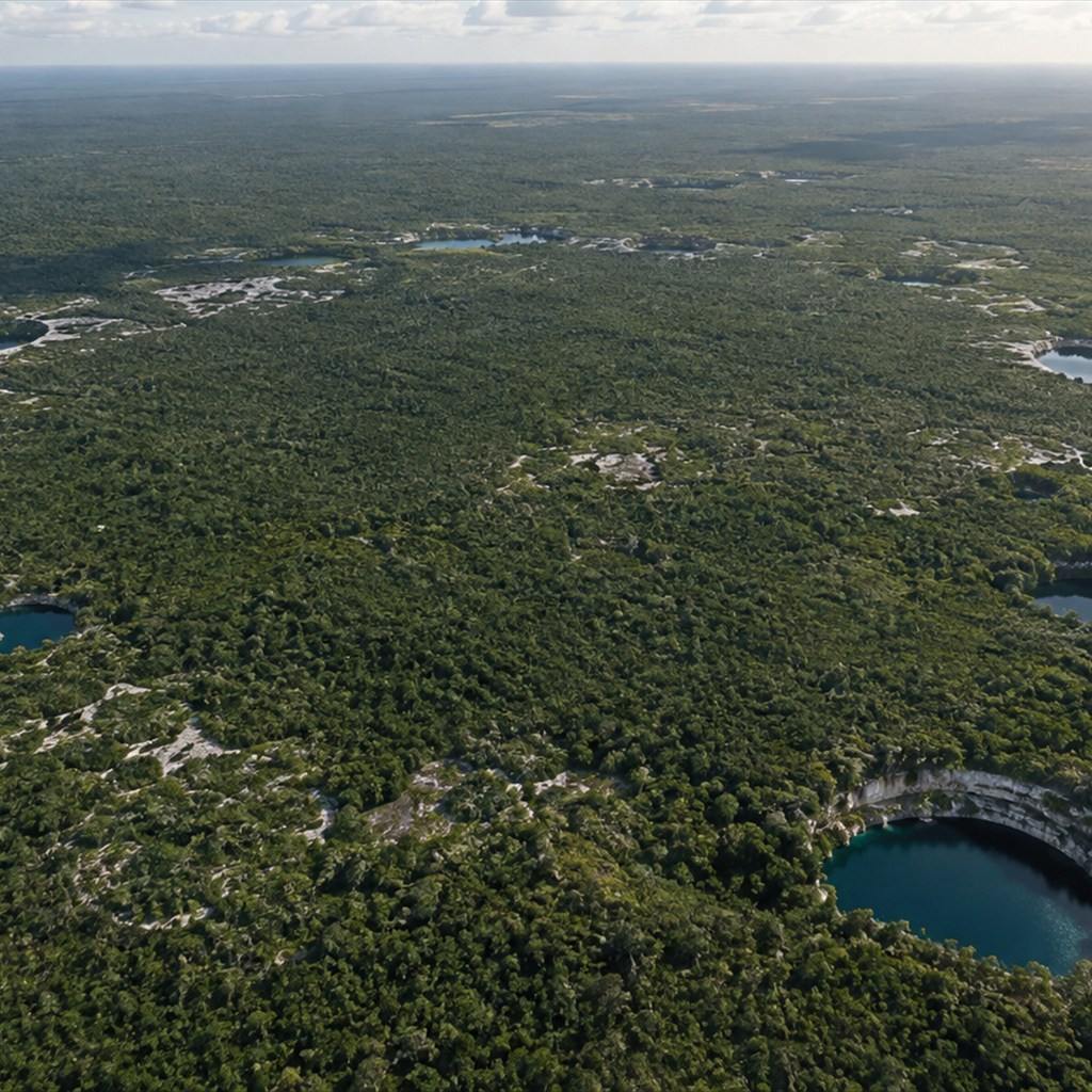 ユカタン半島の地表景観と地下に埋没した巨大衝突構造の断面を組み合わせたAI生成の科学的編集再構成。
