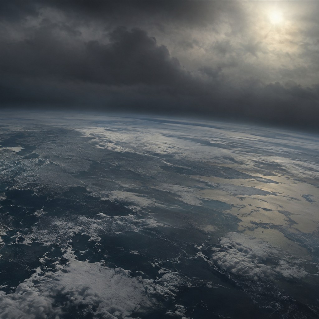 巨大衝突の噴出物が大気へ広がり、地球規模の暗黒化と寒冷化へつながる概念を表したAI生成の編集再構成。