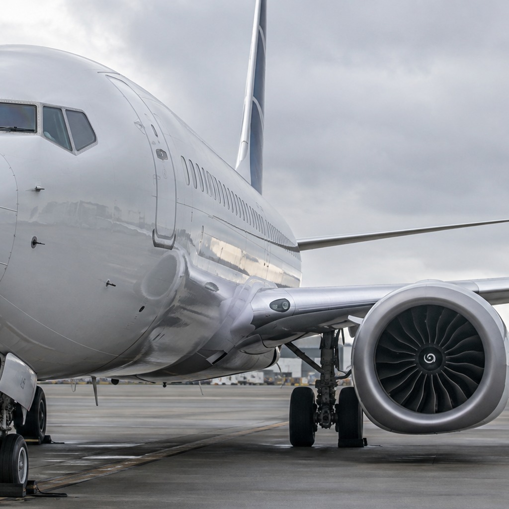 737 MAXの機首と大型エンジン配置を示す再現イメージ。