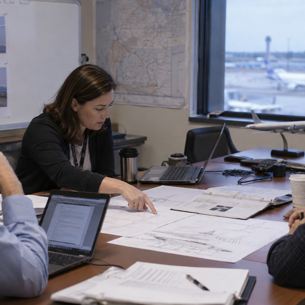 航空安全に関する技術資料を検討する担当者を表した再現イメージ。