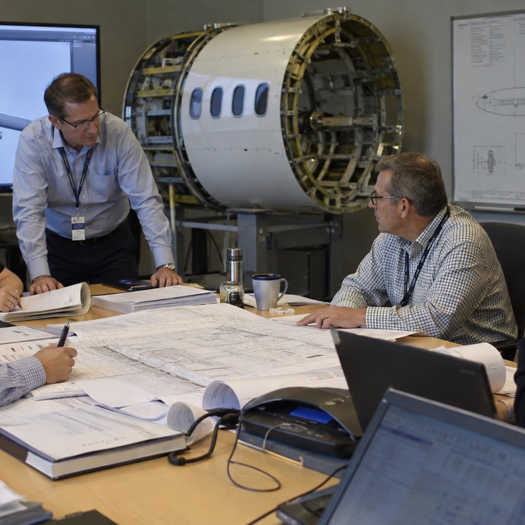 航空機の設計・認証レビューを行う技術者を表した再現イメージ。