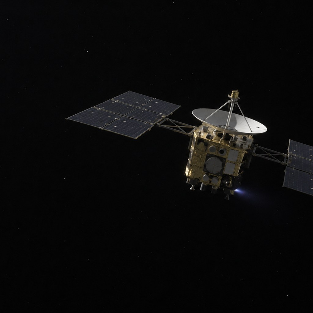イオンエンジンで深宇宙を航行する小惑星探査機はやぶさの再現イメージ