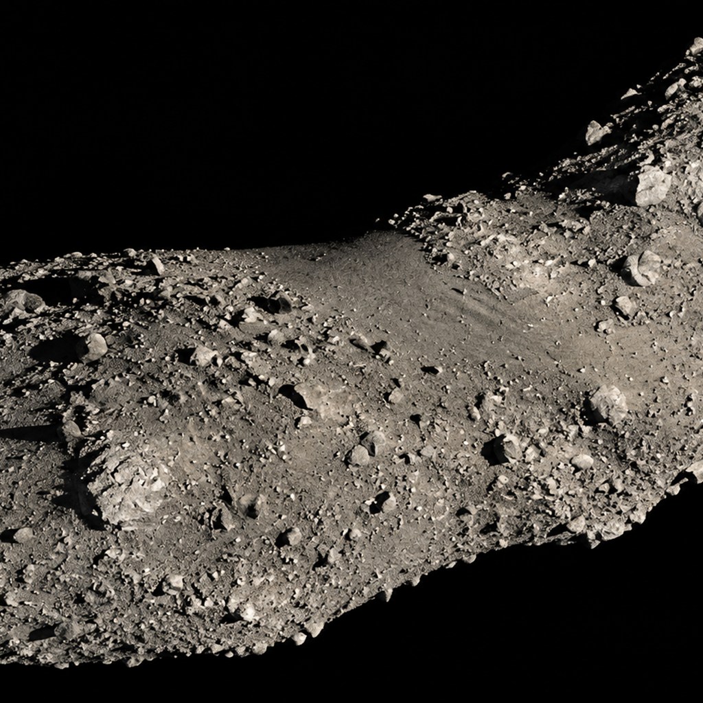 探査機の近接観測をもとに小惑星イトカワの岩塊に覆われた表面を再現したイメージ