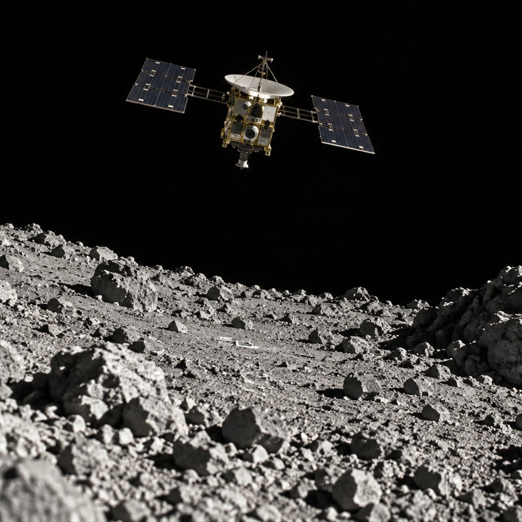 小惑星イトカワ表面へ降下するはやぶさとターゲットマーカを再現したイメージ