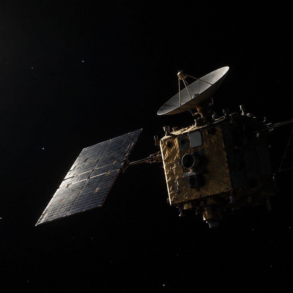 通信途絶時に姿勢を崩した深宇宙のはやぶさを再現したイメージ