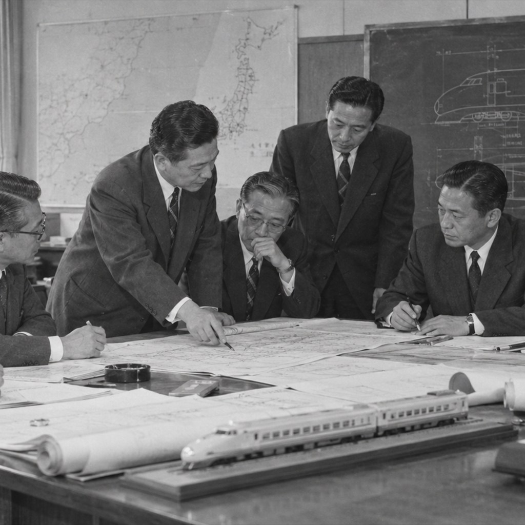 十河信二と島秀雄による新幹線計画推進を題材にした再現イメージ（生成画像）