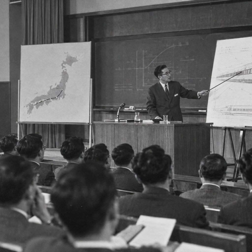 1957年の東京―大阪3時間構想の技術講演を題材にした再現イメージ（生成画像）