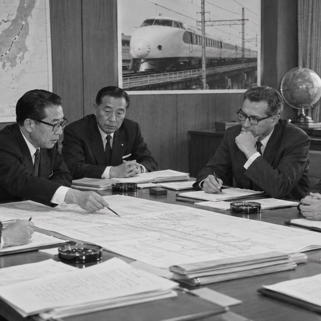世界銀行借款と東海道新幹線の資金計画を題材にした再現イメージ（生成画像）