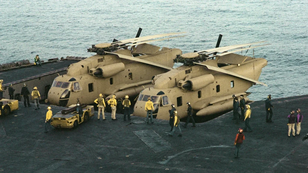 RH-53Ds on elevator of USS Nimitz, 24 Apr 1980