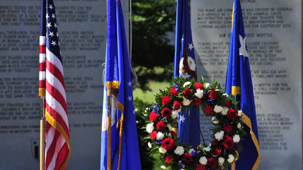 Operation Eagle Claw memorial ceremony flags and wreath, Hurlburt Field, 24 Apr 2015