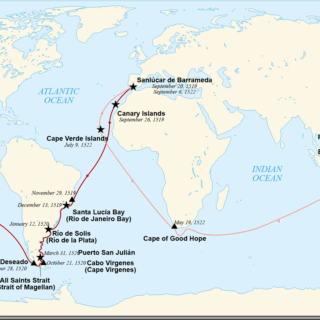 マゼラン＝エルカーノ遠征の世界周航ルート図。1519–1522年の成果とコストを総括する記事用。