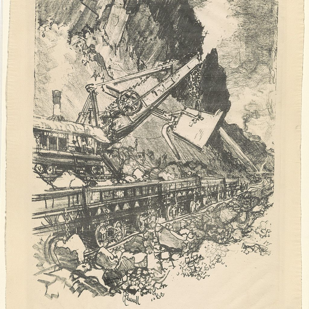 1912年、クレブラ・カットで蒸気ショベルが鉄道貨車へ掘削土を積み込む様子を描いたJoseph Pennellのリトグラフ