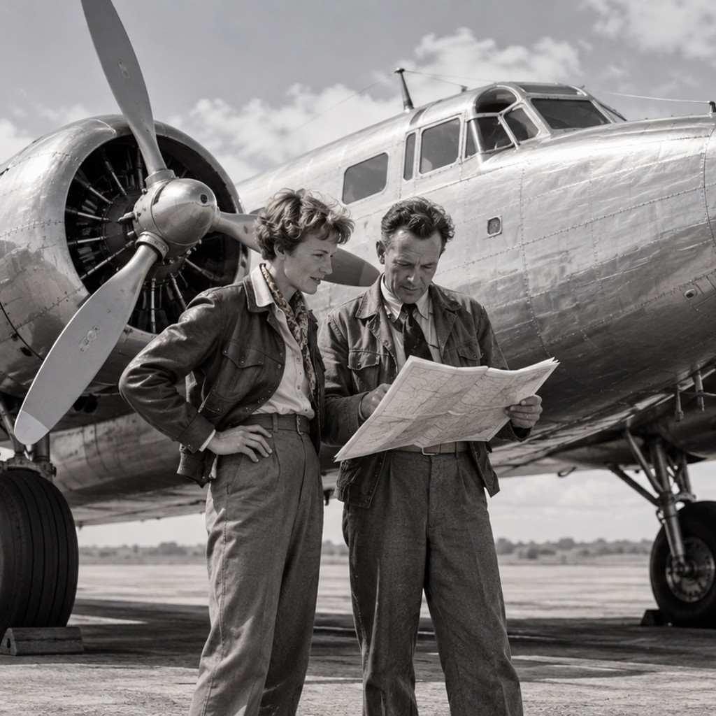 1937年のエレクトラ機とパイロット、航法士の役割を示す再構成イラスト