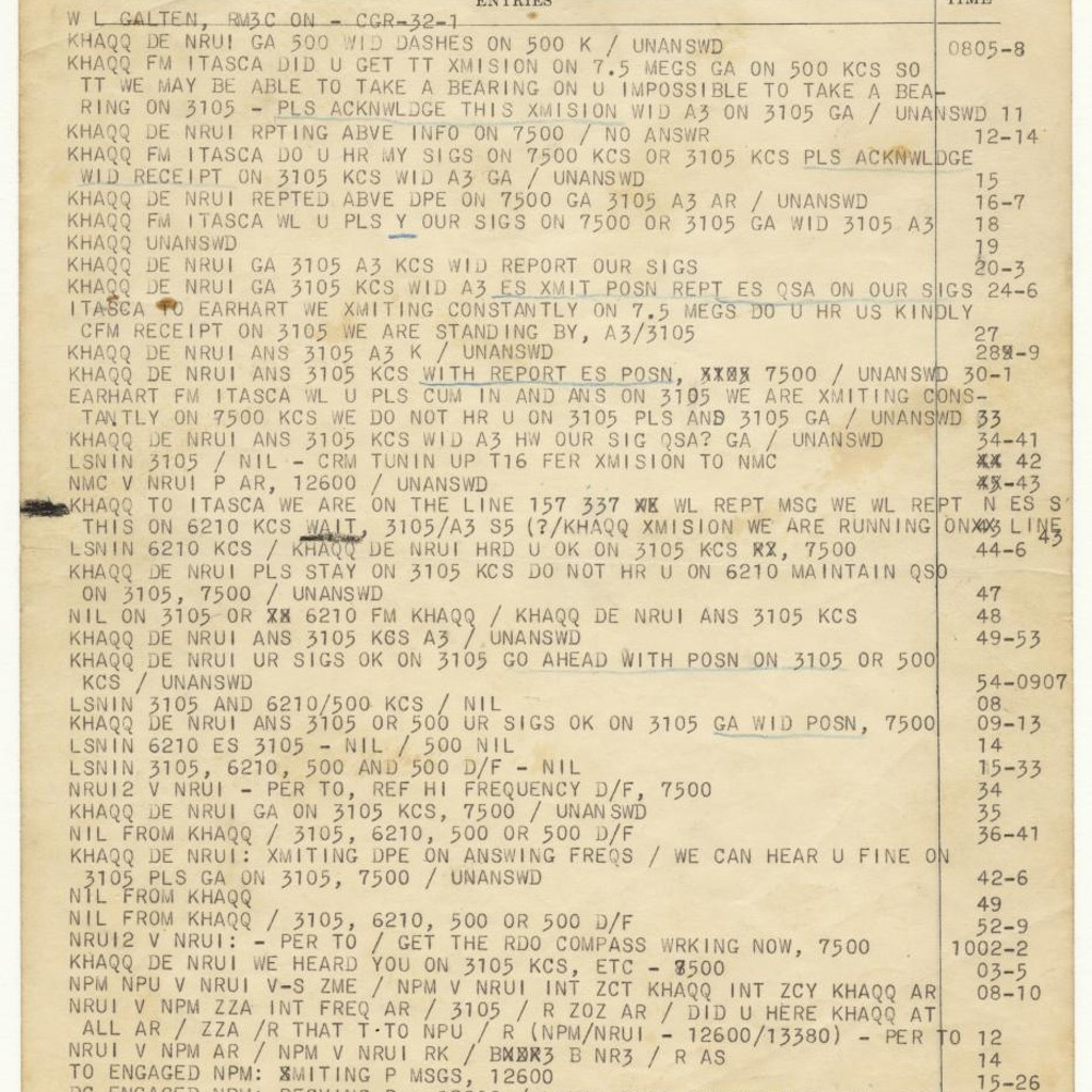 1937年7月2日のUSCGCイタスカ通信ログ