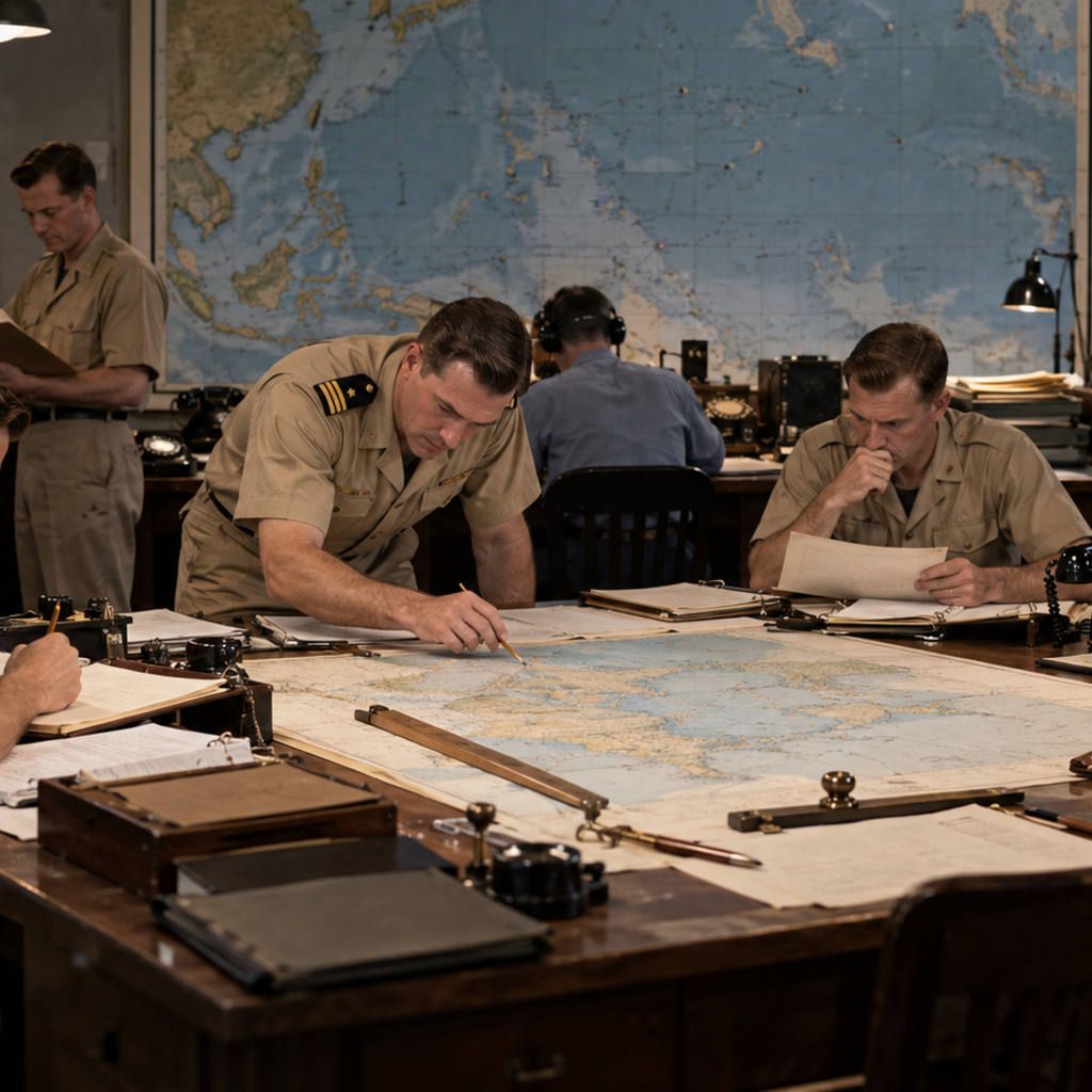 1945年の海軍作戦室を一般化して再構成したイメージ。机上の海図や紙資料を複数の勤務者が確認している